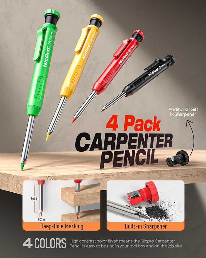 Nicpro 4 Pack Carpenter Pencils with Sharpener, (Red, Black, Yellow, Green) | Construction Mechanical Pencil Set +52 Refills, Heavy Duty Working Tools, Long Nib Marker Pens for Architect Marking