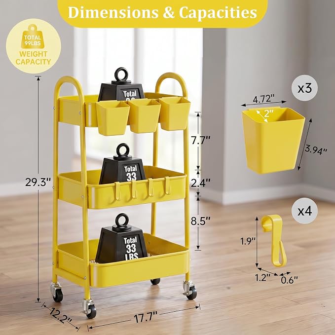 3-Tier Rolling Cart, Utility Cart Mobile Metal Rolling Storage Cart with Lockable Wheels & Hanging Cups & Hooks for Kitchen, Bathroom, Office, Workshop, Yellow