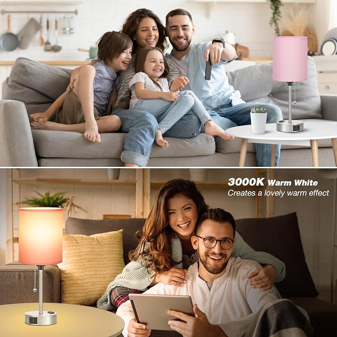 Small Bedside Table Lamp for Bedroom - Desk Lamp with USB Ports for Dorm | USB A+C Ports, AC Outlet, 3-Color Temps, LED Bulb Included, Soft Pink Fabric Shade, Sleek Silver Base, 14" Night Stand Lamp