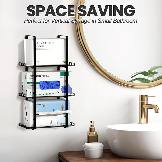 Glove Holder Dispenser for Wall Mount Metal Disposable Latex Glove Box Holder for Home Office, Lab and Garage, Tissue Wire Rack Wall-Mounted for Kitchen Organizer Decor, Blak