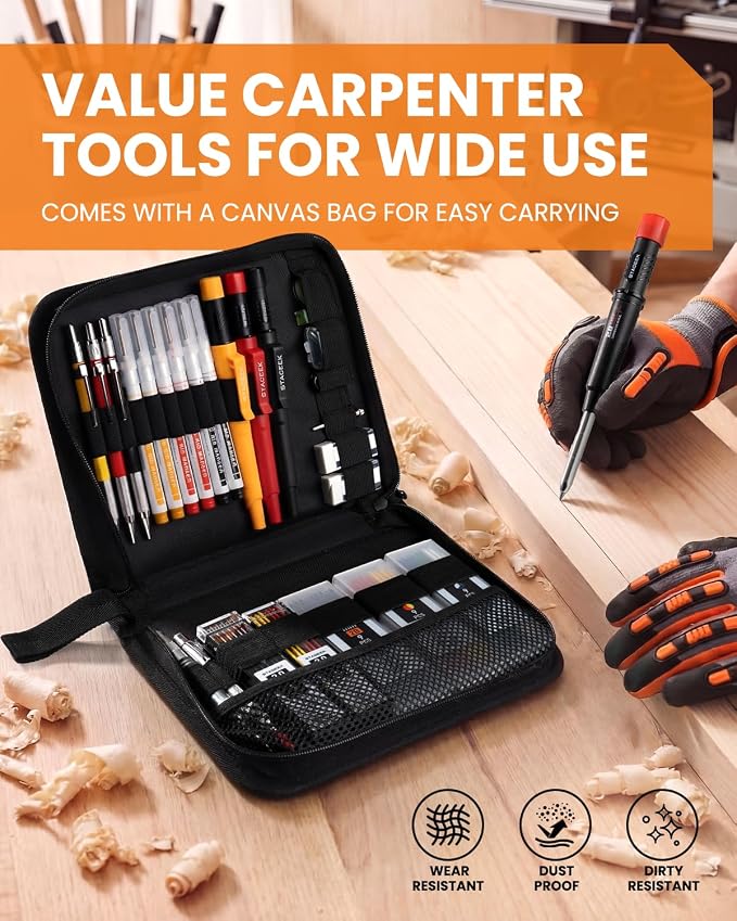 STAGEEK 38 Pack Carpenter Pencils Set With 108 Refills | Construction Pencil, Deep Hole Long-Nib Marker Pens, Automatic Center Punch and Carbide Scribe Tool for Woodworking with Case
