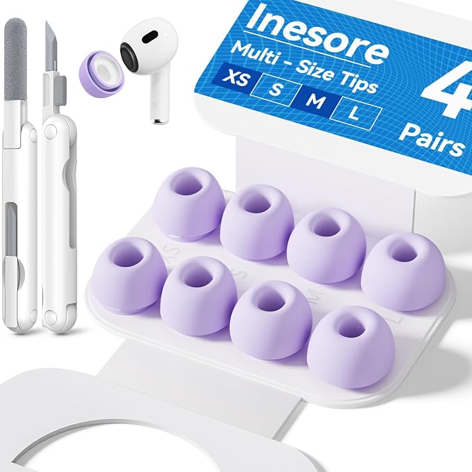 Inesore 4 Pairs Replacement Ear Tips for AirPods Pro 2nd/1st (Purple) | with Noise Reduction Hole & Built-in dust Guard Screen,Silicone,with Portable Storage Box & Cleaner Pen,4 Size (XS/S/M/L)