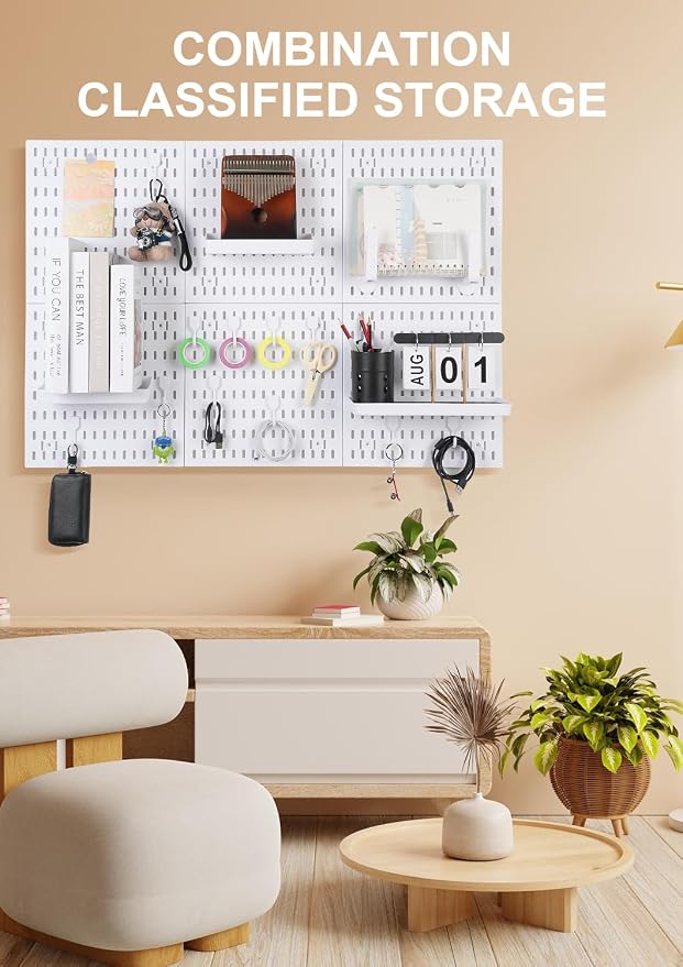 White Pegboard Wall Organizer Kit, Craft Room, 4 Panels Hooks & Shelves | Peg board accessories for sewing, desk and home office, ABS storage with bins, holds small parts, easy to clean, maker gift