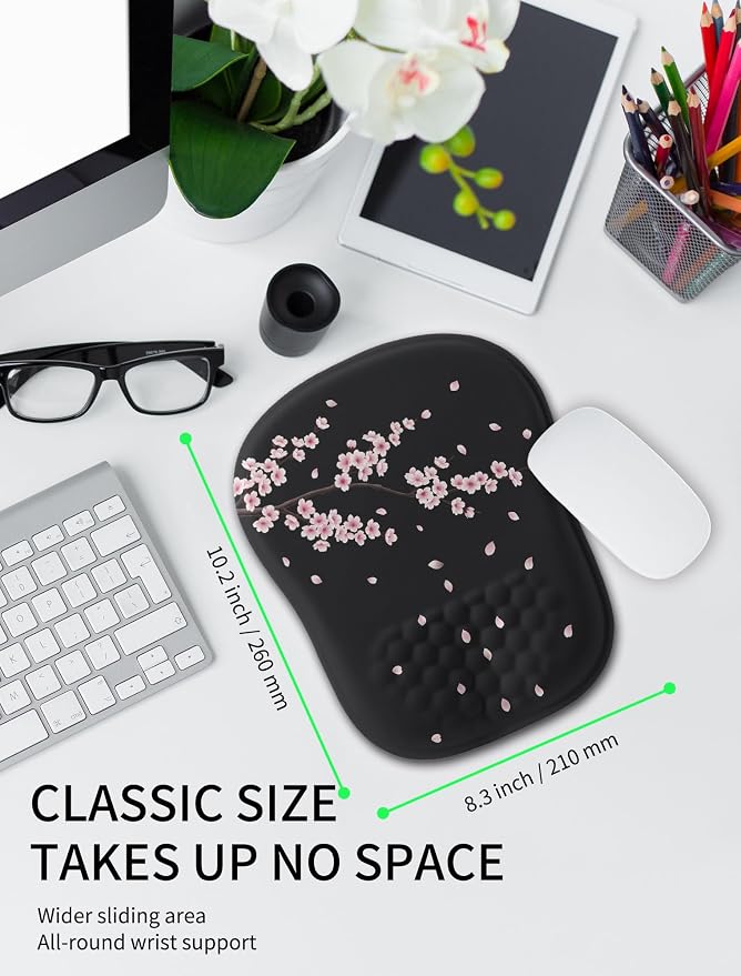 Hokafenle Ergonomic Wrist-hugging Mouse Pad Wrist Support, U-shaped Holding Wrist Rest Mousepad for Carpal Tunnel Pain Relief with Cushioned Memory Foam Slope Massage Bulge (10.2x8.3 in,CherryBlossom)