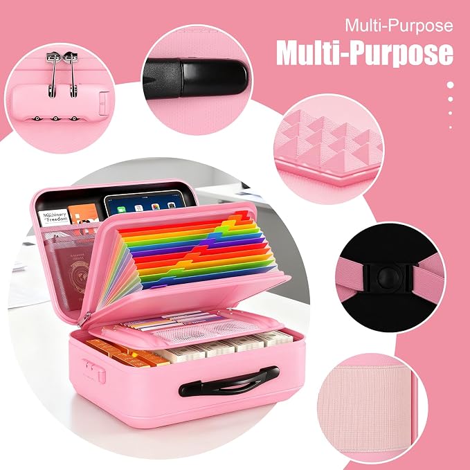 Fireproof Document Box with Lock, Hard-Shell Fireproof & Waterproof Safe Box for Home Office, Portable Document Organizer Stocking Stuffs for Women or Men Christmas Gifts (Pink