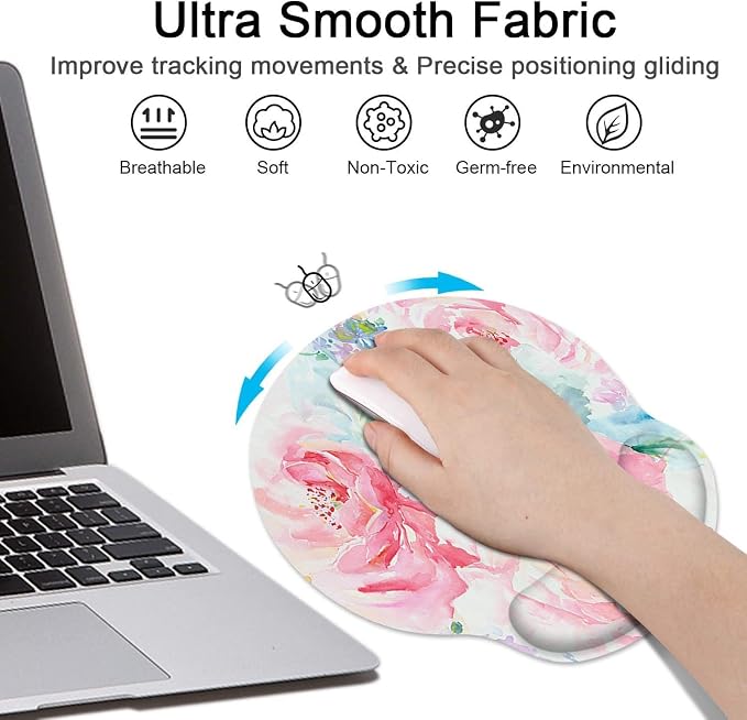 Ergonomic Mouse Pad Set with Wrist Rest, Watercolor Abstract | Flower Painting Non-Slip Rubber Base Wrist Cushion Support and Coasters Mousepad with Wrist Support for Computer Keyboard