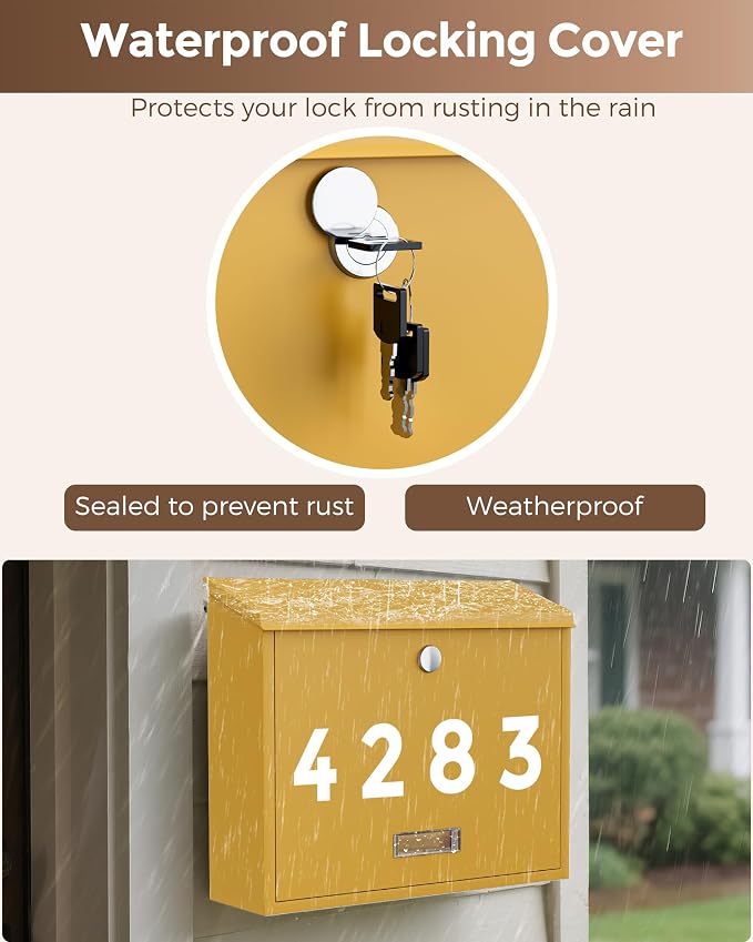 LAND·VOI Locking Wall-Mount Mailbox for Outside, with 4 Keys, Galvanized Steel Rustproof Metal Postbox, 4" Dx13.8 Wx11.2 H, Includes 3 Sets of Mailbox Numbers, Nameplate, Yellow
