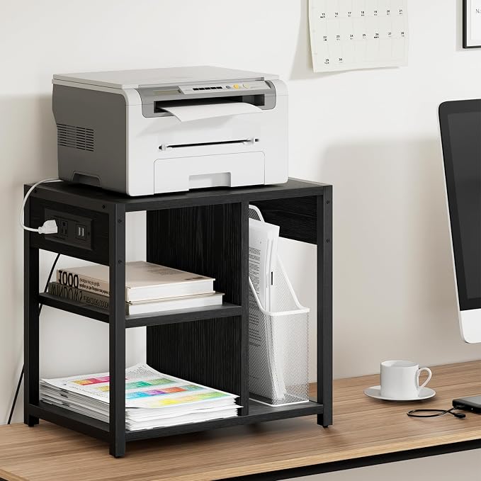 Garvee 3-Tier Printer Stand, Rolling Under Desk Printer Cart with Lockable Wheels, Industrial Mobile Printer Table with Power Outlets, USB Ports & Paper Storage Shelf for Home, Office, Retro Black
