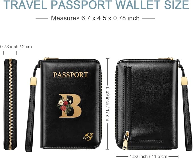 Passport Holder for Travel Personalized Wallet with Wristlet Women | Passport Cover, RFID Blocking, Passport Book Holders, Back Coin Pocket, Zipper Closure, Roses Initial Letter, Black B