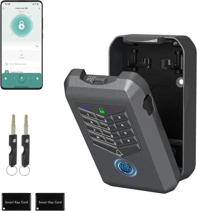 Smart Lock Box, Fingerprint Key Lock Box with Tuya APP Control, IP66 Waterproof Bluetooth Electronic Lock Box, 5-Way Unlock Wall Mounted Key Safe for Home Office Realtor