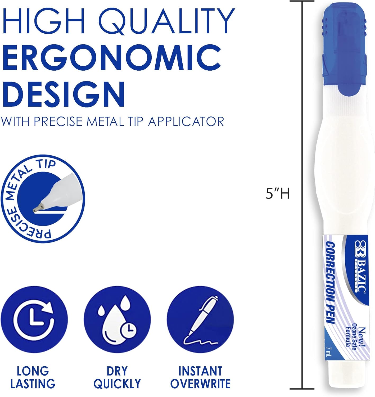 BAZIC Correction Pen, Precise Metal Tip Applicator, Fine Point Corrections Fluid, White Out Wipe Out Liquid (2/Pack), 2-Packs