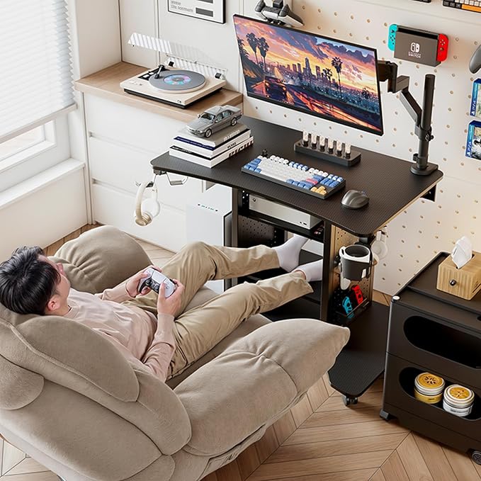 EUREKA ERGONOMIC Gaming Desk Computer, 37" Rolling Desk on Wheels for Small Space, Mobile Computer Cart with Pegboards Adjustable Shelves for Gaming PS Switch Home Office - Black