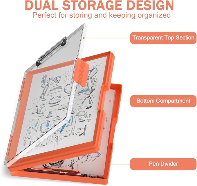 Rimilak Clipboard with Storage,8.5x11 2 Compartment Clip Board, Orange | Smooth Writing, Side-Opening Plastic Folder with Pen Holder, Size 13.3 x 9.4 x 1.5″,for Classroom, Teacher, Student