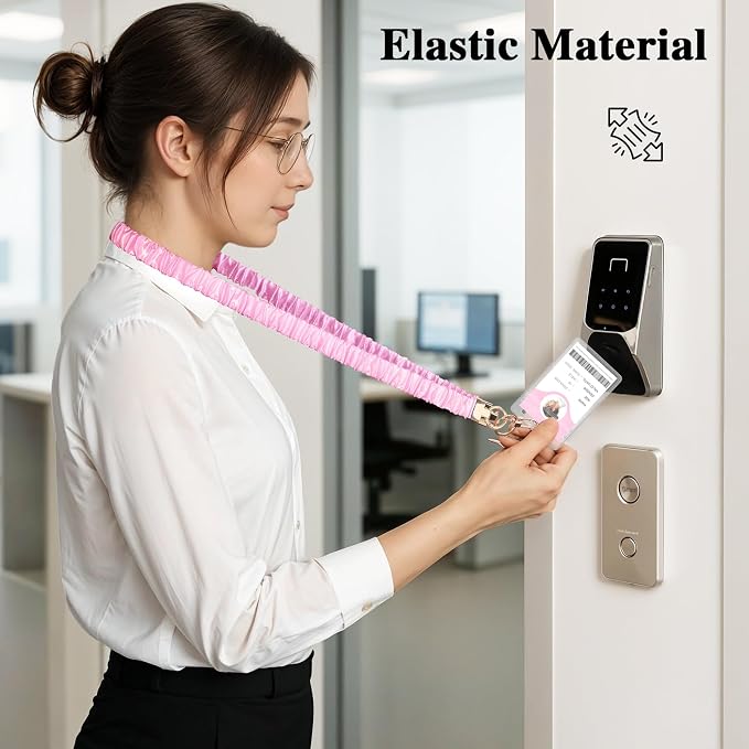 Prudiut Scrunchie Lanyard for Id Badges, Retractable Teacher Lanyards Cute Stretchy Scrunchie Lanyard with Id Holder for Women (Pink)