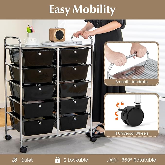 RELAX4LIFE Rolling Storage Cart with 10 Drawers - Craft Storage Cart with Lockable Wheels,Utility Cart, Art Cart Organizer for Crafting Storage, Studio, Office, Home, School Rolling Drawer Cart