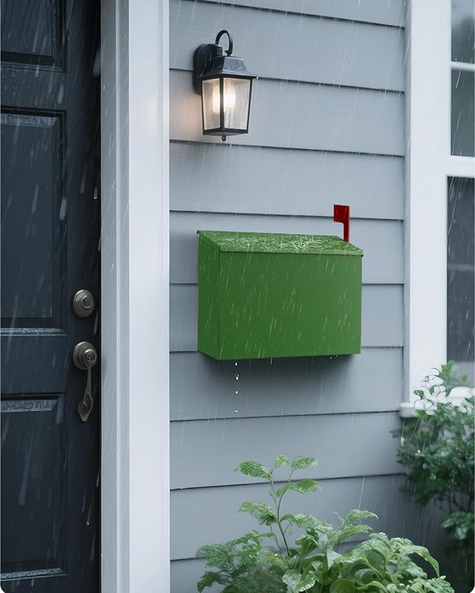 Wall-Mount Mailbox for Outside, Large Capacity Rust-Proof Mail Box with Stay-Open Lid & Red Flag Kit, Galvanized Steel Weather-Resistant Post Box for House Outside, 10.5"x4.3"x14.2", Green