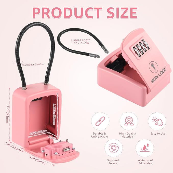 Iron Lock® Key Lock Box with Code, Portable Cable Shackle (Small, Pink) | Holds 2-3 house keys or an access card; 11-in steel cable loops on gate or rail; weather-resistant; no app or battery
