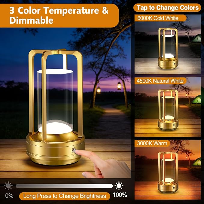 Rechargeable Table Lamp for Outdoor Indoor Portable Lamp with 3 Colors | Cordless Table Lamps - Dimmable LED Metal Battery Operated Lantern - Small Table Lamp for Bedroom/Bar/Coffee Shop/Camping
