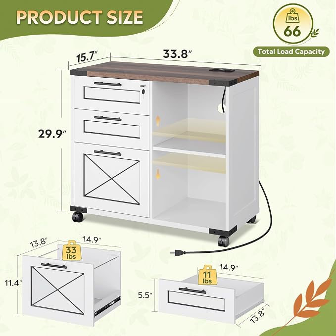 DEVAISE Wood File Cabinet with Charging Station,White | Mobile Lateral Filing Cabinet, Lock, Home Office, Printer Stand, Open Storage Shelves