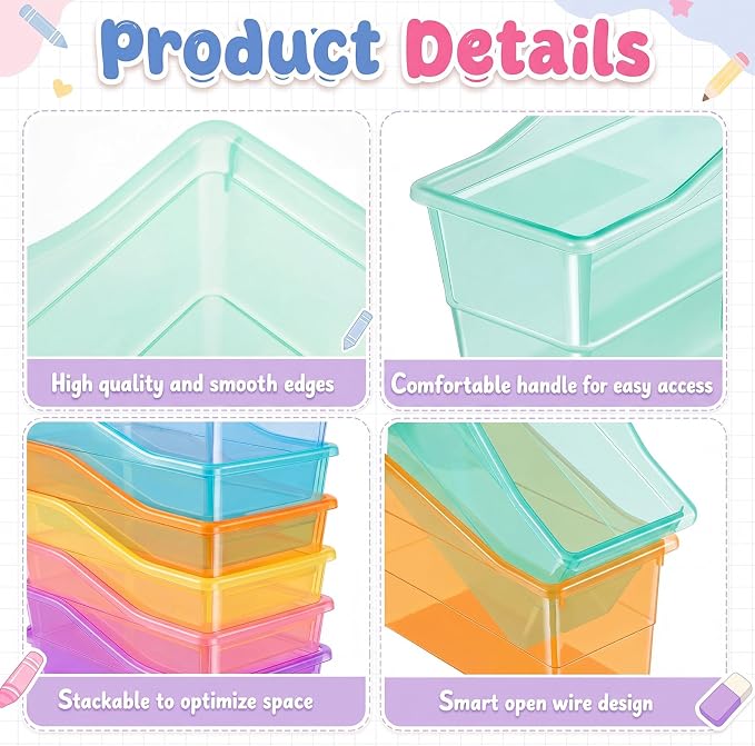 Blosssound 6 Set Book Bins for Classroom Stackable,Translucent Pastel | Plastic Baskets with Labels, Slanted Front, Library Supplies Organizers, Desktop Storage Bins, Teachers Home School Use