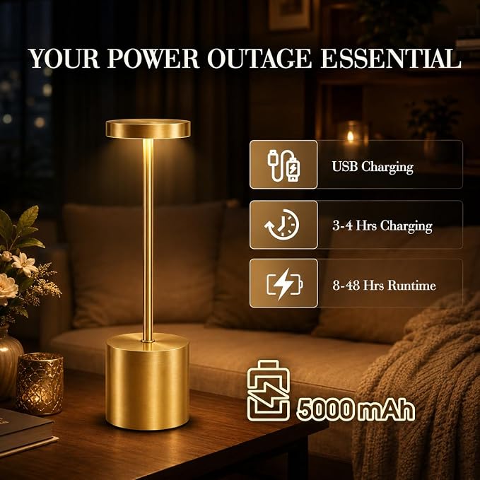 AUDLES Gold Cordless Table Lamps Set of 2, Brass Rechargeable Lamp, Battery Operated Lamps for Wedding Centerpiece & Holiday Tablescape, Touch Dimmable Glam Bedroom Nightstand Lamp, IP54 Waterproof
