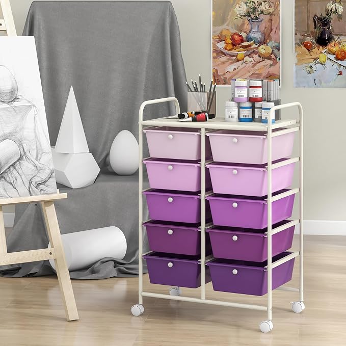 BECOMFORT 10-Drawer Rolling Cart with Drawers, Storage Cart on Wheels, Teacher Classroom Organizers with Metal Frame, Mobile Craft Cart, Trolley Utility Cart for School Office Play Room