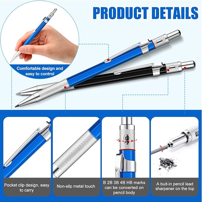 Gersoniel 2 Pcs Welders Pencil with 48 PCS Round Refills Mechanical Pencils Metal Welding Marker for Tube Pipe Fitter Welder Steel Construction Woodworking (Sliver, Black)