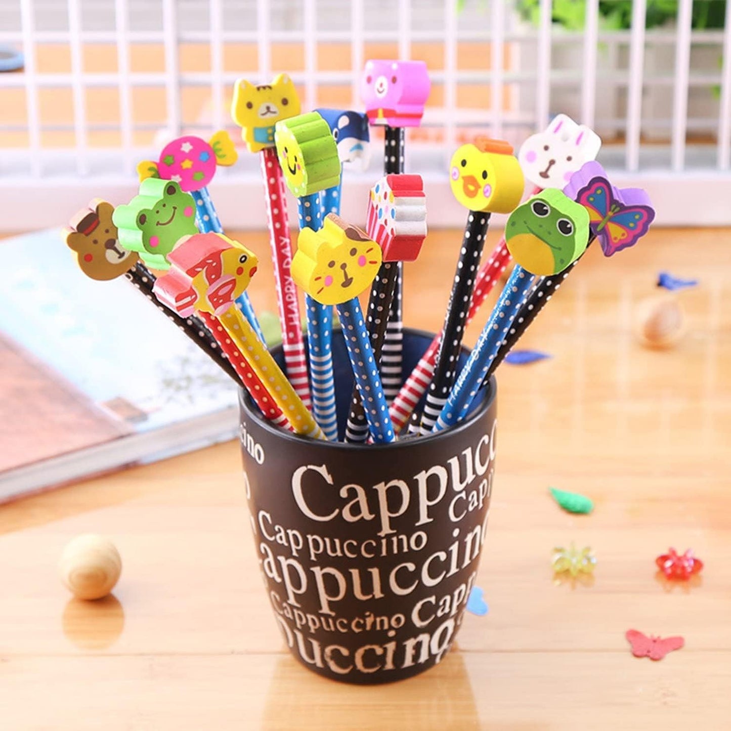 Yansanido Pack of 20 Colorful 7.28 Inch Length Random Cartoon Eraser Pencils, Cute Pencils for Office, School Supplies Students Children Gift (20)