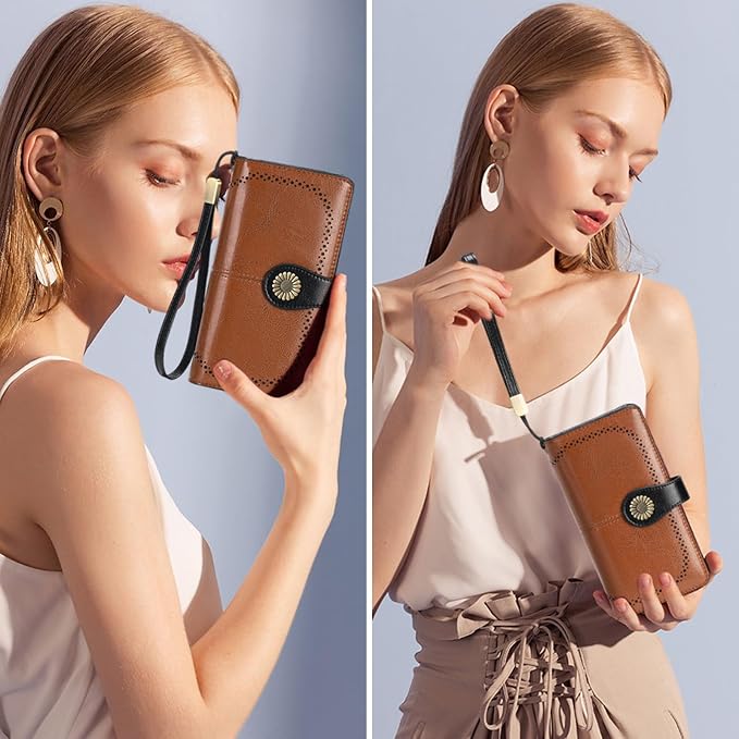SENDEFN Wallets for Women Leather Credit Card Holder with RFID Blocking Large Capacity Wristlet | with RFID Blocking