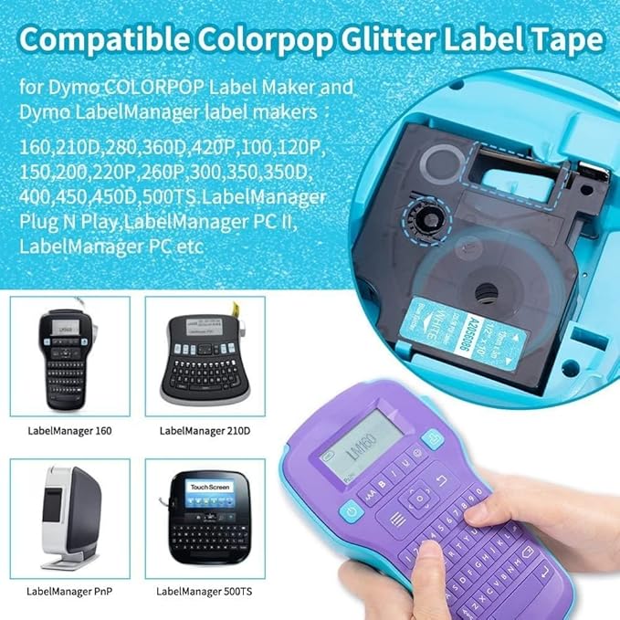 Freshworld Compatible with Dymo D1 Colorpop 12mm 0.47" Label Tape 45013 D1 Label Refills, for COLORPOP Maker Labelmanager 160 280 360D 420P PnP, Clear/White, Black/Purple/Pink Glitter, 5-Pack