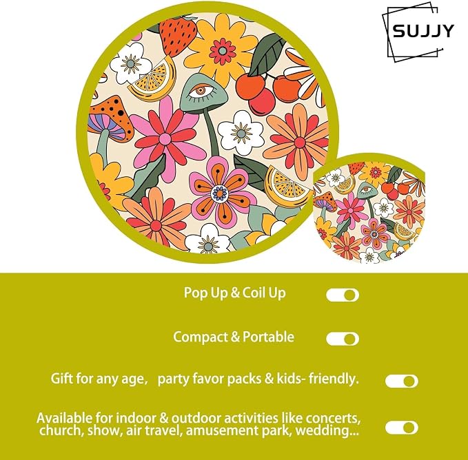 4 Pack Retro Hippie Hand Fan Foldable Multi-Role Round Fans for Travel, Events, Graduation, Indoor & Outdoor (Joyful)