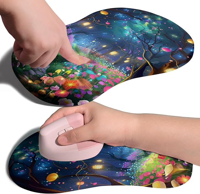 Ergonomic Joint Wrist Support Mouse Pad with Memory Foam Cushion Massage Bump, Carpal Tunnel Pain Relief Mousepad Slope Design for Wrist Rest, 11.8x7.9 in, Fantasy Forest