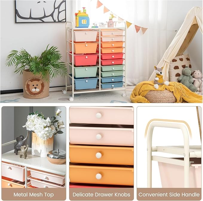 15 Drawer Rolling Storage Cart, Rolling Cart with Drawers for Classroom, Art Supply Craft Organizer on Wheel with Metal Frame & Handles for Home Office School