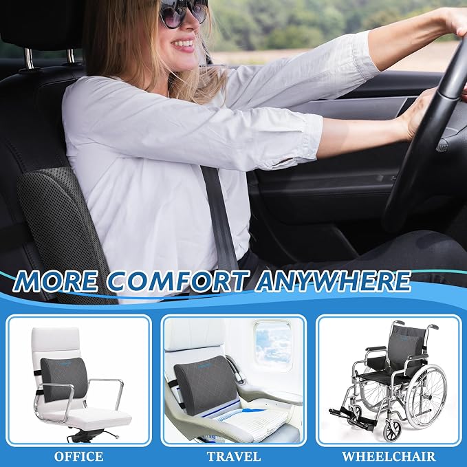 Lumbar Support Pillow for Office Chair, Back Support, Memory Foam, Grey | Improve Sitting Posture & Back Pain Relief. Lumbar Pillow Fits Office, Gaming & Car Chairs with Adjustable Dual Straps