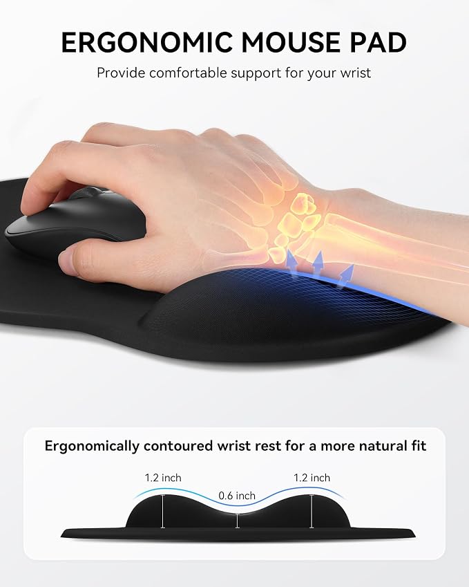 Mouse Pad with Wrist Rest for Desktop Large Ergonomic Mouse Mat(Black) | 10.6''L x 9''W Size, Gel Wrist Support, Non-slip Base, Washable Surface, Laptop Mousepad