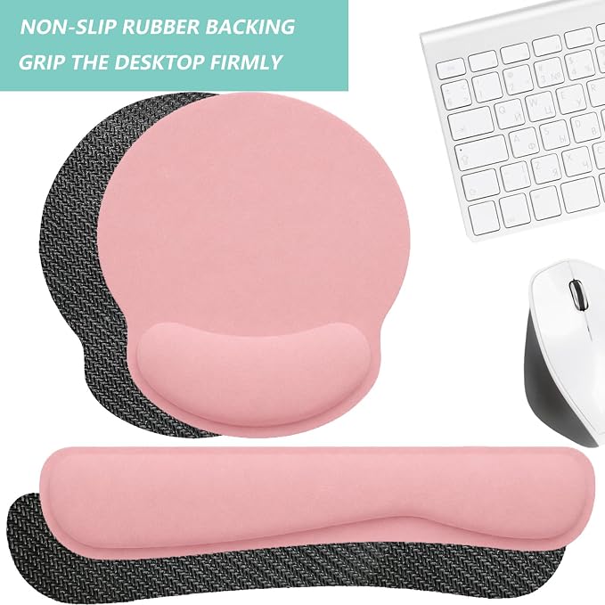 Keyboard Wrist Rest Pad Mouse Pad with Wrist Support Set of 3, Mousepad with Non-Slip Rubber Base, Ergonomic Memory Foam Mouse Wrist Cushion Support for Home Office Laptop Computer, Pink