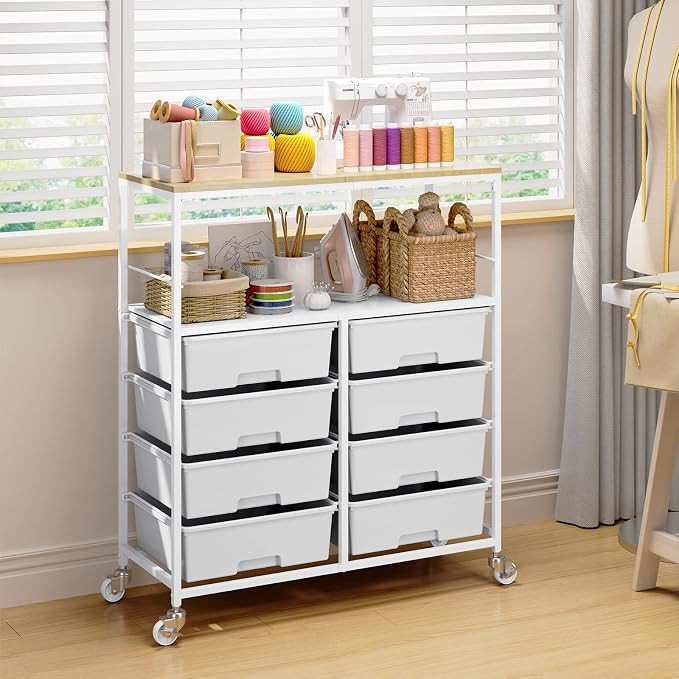 Rolling Storage Cart with 8 Large Drawers, Wooden Tabletop | Open Storage Shelves, Mobile Craft Organizer with Lockable Wheels for Home, Classroom, Office Supplies & Art Studio,White