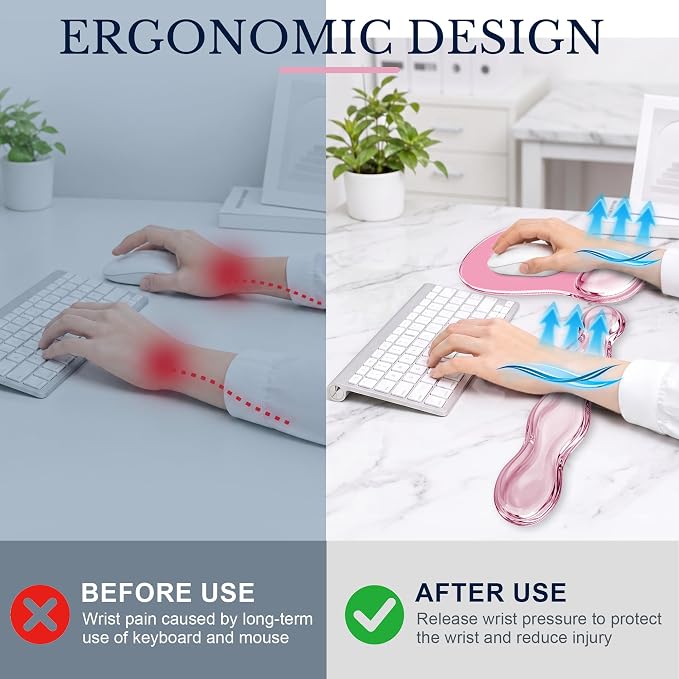 Keyboard Wrist Rest & Ergonomic Mouse Pad with Wrist Rest Set, Cute Transparent Gel Wrist Rest for Keyboard and Mouse, Soft Support for Pain Relief, Office, Gaming Desk Accessories（Pink）