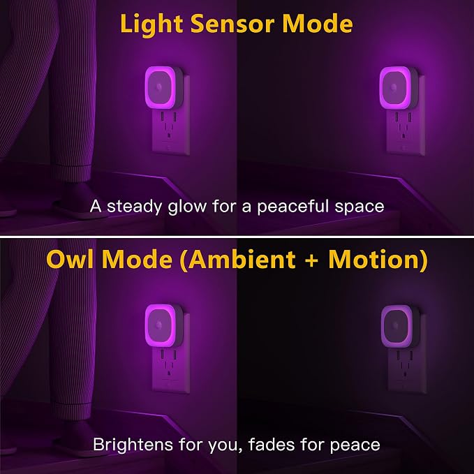 YUNLEX 2 Pack Plug in Night Light with Motion Sensor & Dusk to Dawn Sensor, 3 Sensor Modes, Purple Lights Plug into Wall, Dimmable Calming Glow for Meditation, Relaxation, Bathroom