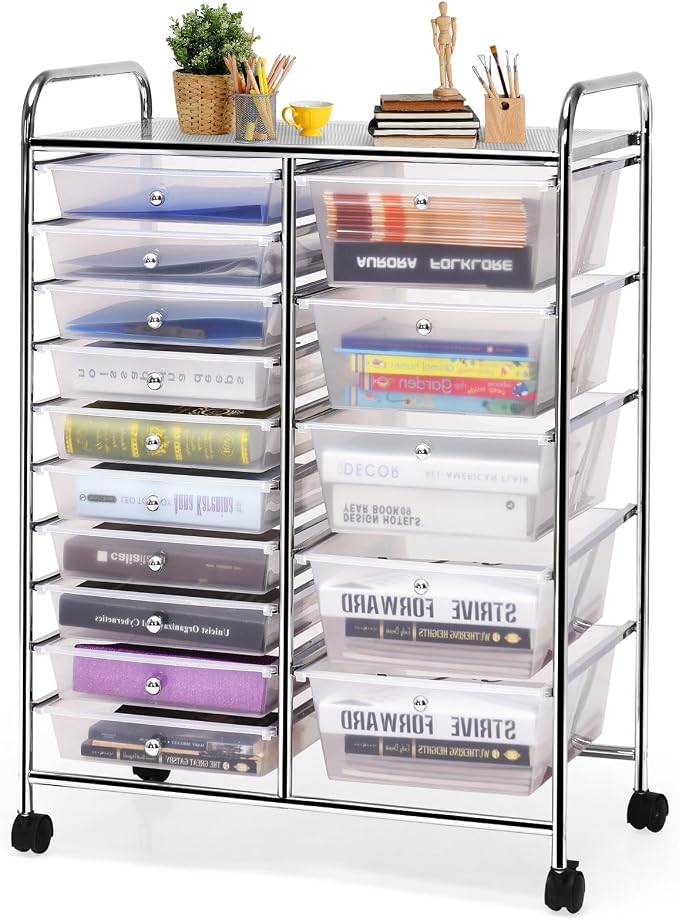 GLACER 15 Drawers Rolling Storage Cart, Steel Frame Craft Organizer Cart | Utility Cart w/Lockable Wheels & Sleek Handle, Mobile Art & Tool Supply Trolley for Teacher, Home, School, Office (Clear)