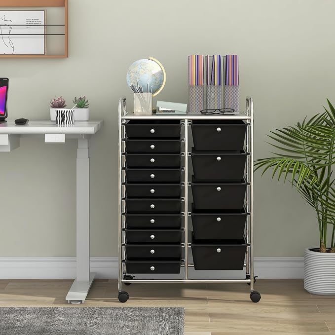 BECOMFORT 15-Drawer Rolling Cart with Drawers, Storage Cart on Wheels, Teacher Classroom Organizers with Metal Frame, Mobile Craft Cart for Tools, Trolley Utility Cart for School Office Play Room