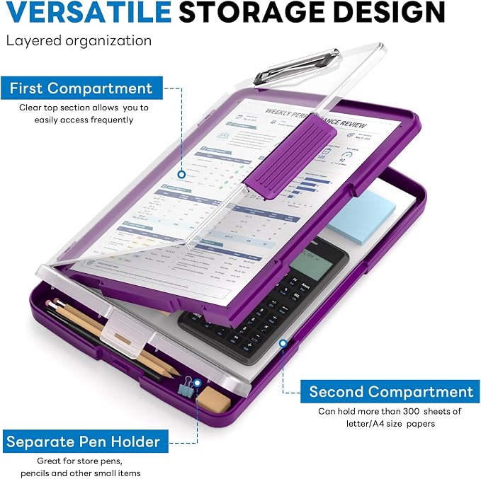 Clipboard with Storage and Pen Holder, Deep Purple 8.5 x 11'' Folder Side Open, Heavy Duty with Dual Compartment, Clear Dry Erase for Coach, Size 14.5 x 9.8 x 1.5'', Office & School Supply