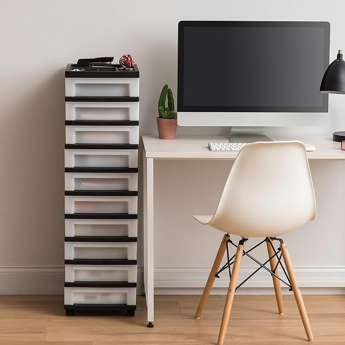 IRIS USA 10-Drawer Rolling Storage Cart, Black/Pearl | Keep classroom supplies, teacher essentials, craft materials, and learning tools organized with easy-access drawers.