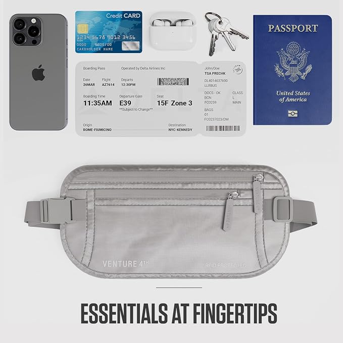 VENTURE 4TH Travel Money Belt, RFID Blocking Passport Holder - Sleek Silver