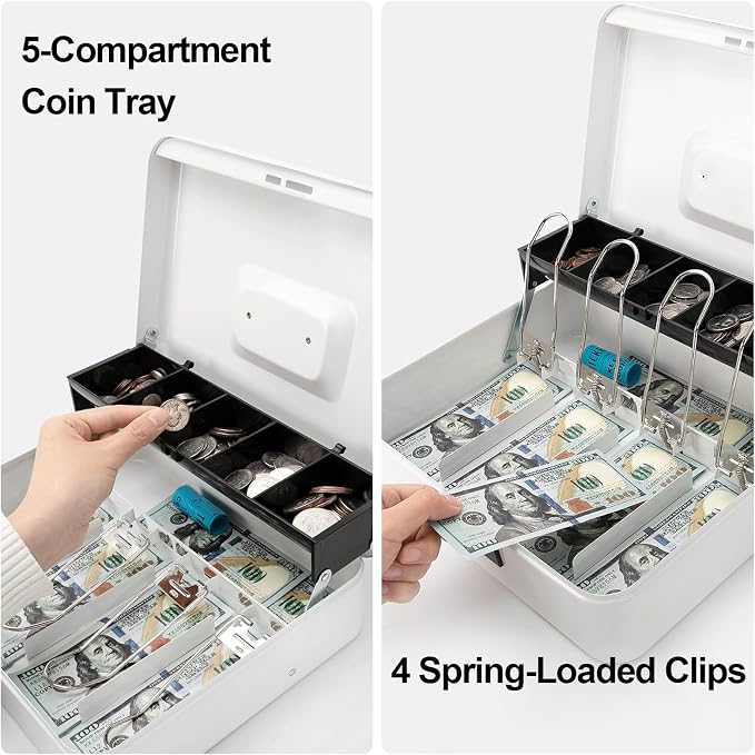 Jssmst Locking Large Metal Cash Box with Money Tray, Money Box with Combination Lock, White, SM-CB0511L