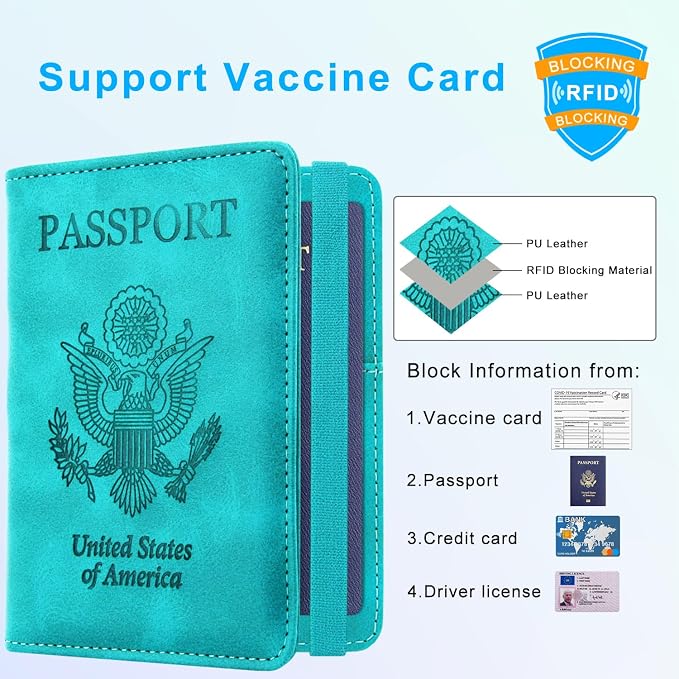 ACdream Passport and Vaccine Card Holder Combo, Cover Case with CDC Vaccination Card Slot, Leather Travel Documents Organizer Protector, with RFID Blocking, for Women and Men, C - Sky Blue, Fashion