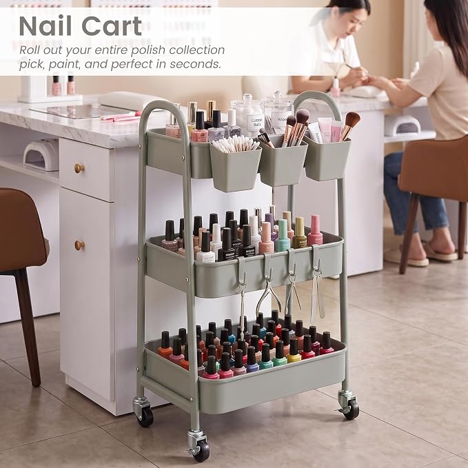 3-Tier Rolling Cart, Metal Rolling Storage Cart with Lockable Wheels & Hanging Cups & Hooks, Mobile Trolley Cart for Kitchen, Bathroom, Office, Workshop, Gray