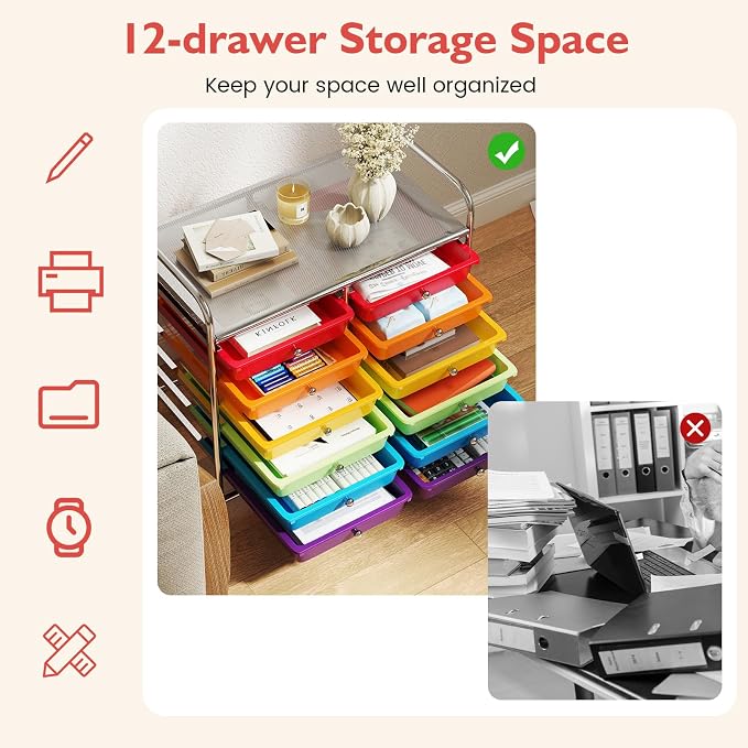 COSTWAY 12-Drawer Rolling Storage Cart, Utility Storage Organizer Cart | For Tools, Scrapbook, Paper, Craft, Multipurpose Art Supply Organizer on Wheels for Home Office School, Teacher, Multicolor