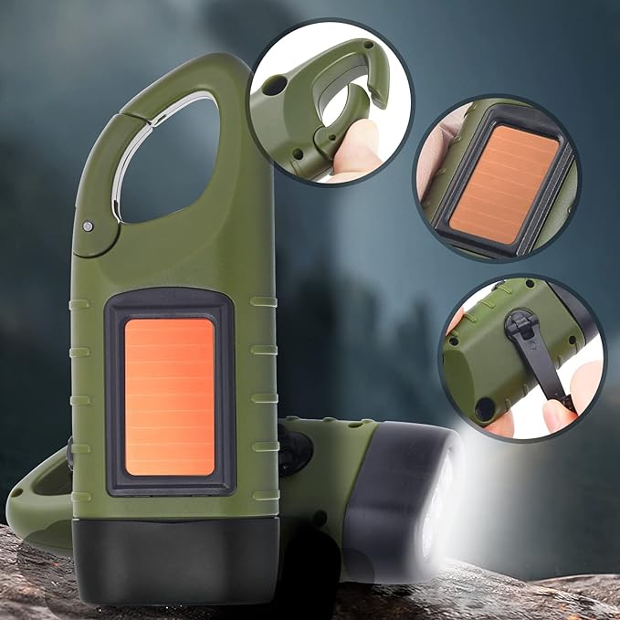 Simpeak 2-Pack Hand Crank Solar Powered Flashlight, Emergency Rechargeable LED Survival Flashlight, Quick Snap Carbiner Dynamo Flash Light Torch for Outdoor Sports, Green