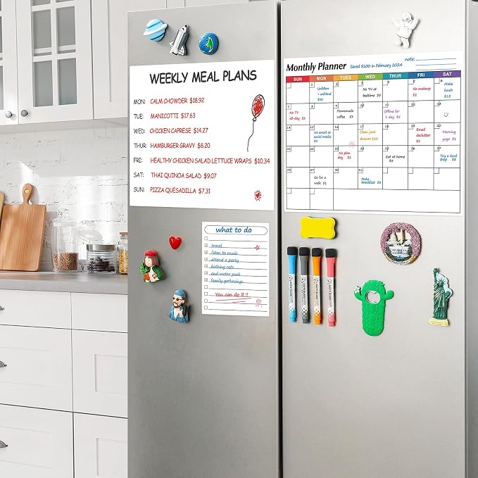 Dry Erase Magnetic Calendar for Refrigerator, 3 Pack- Monthly & Blank & Daily Planner Magnet Whiteboard for Fridge Wall Door - Shopping, Meal/Menu, to Do List, Family Schedule Planning Board (B)